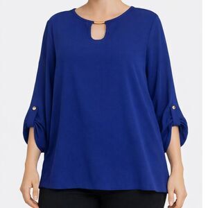 LC Lauren Conrad Blue Keyhole Blouse Size M Roll Tab Sleeve Top